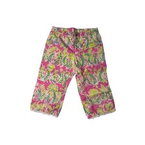 Lilly Pulitzer Kids 6X Pink Floral‎ Print Capri Pants Lace Trim Elastic Waist
